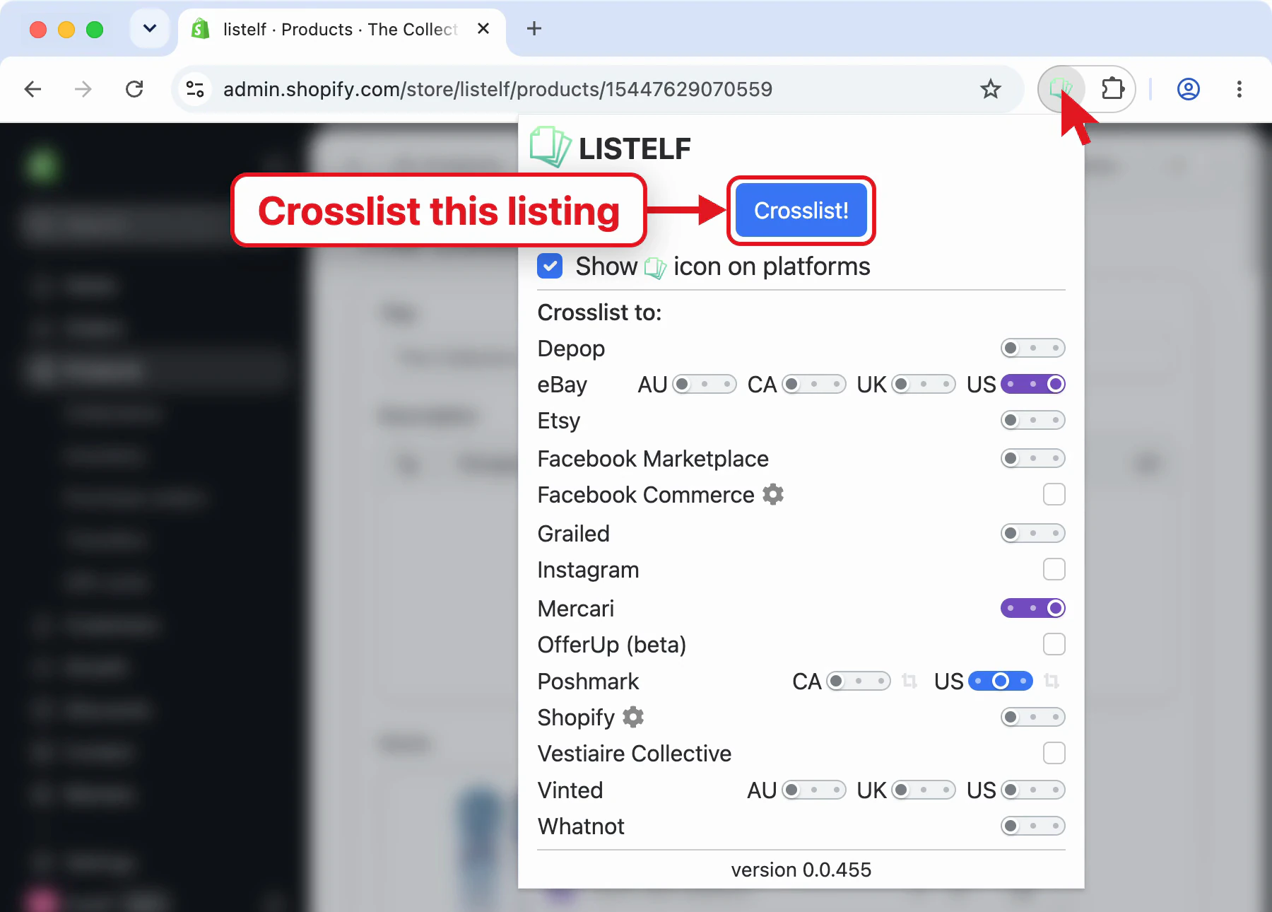 Listelf's popup on a Shopify product, with its Crosslist! button