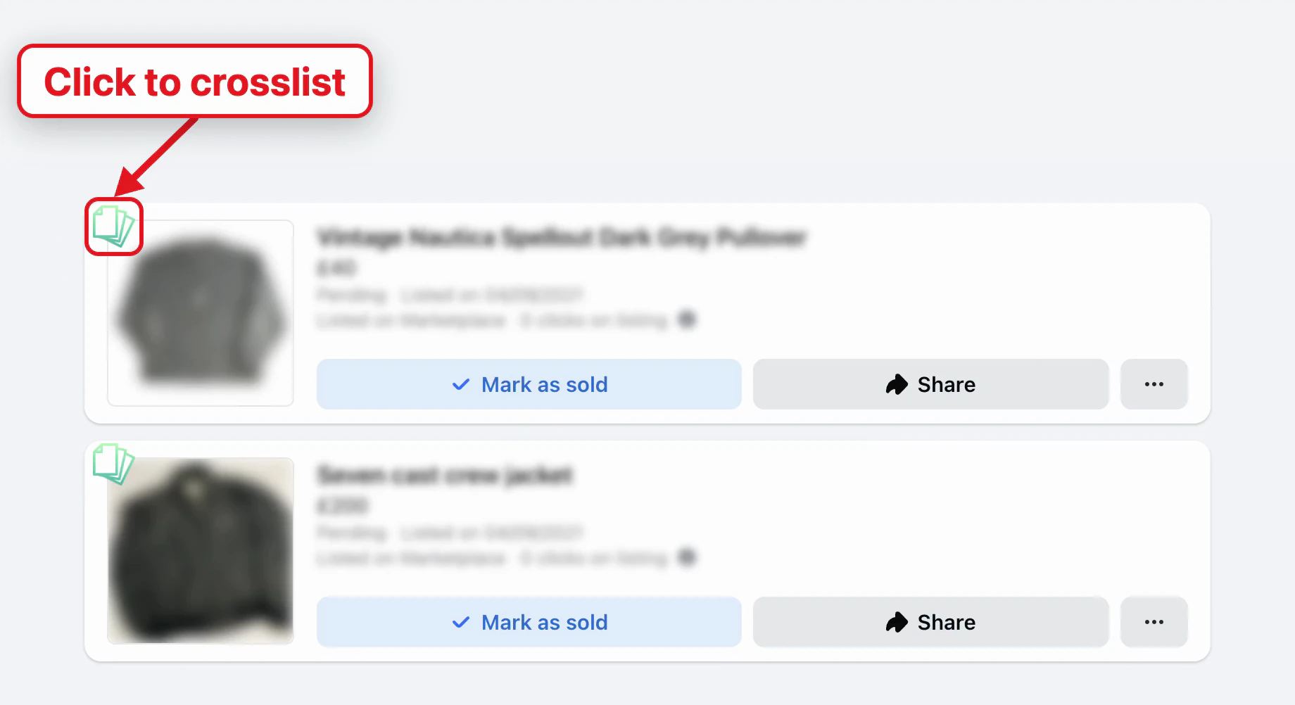 Listings on Facebook Marketplace, with Listelf's copy icon in their top left corners