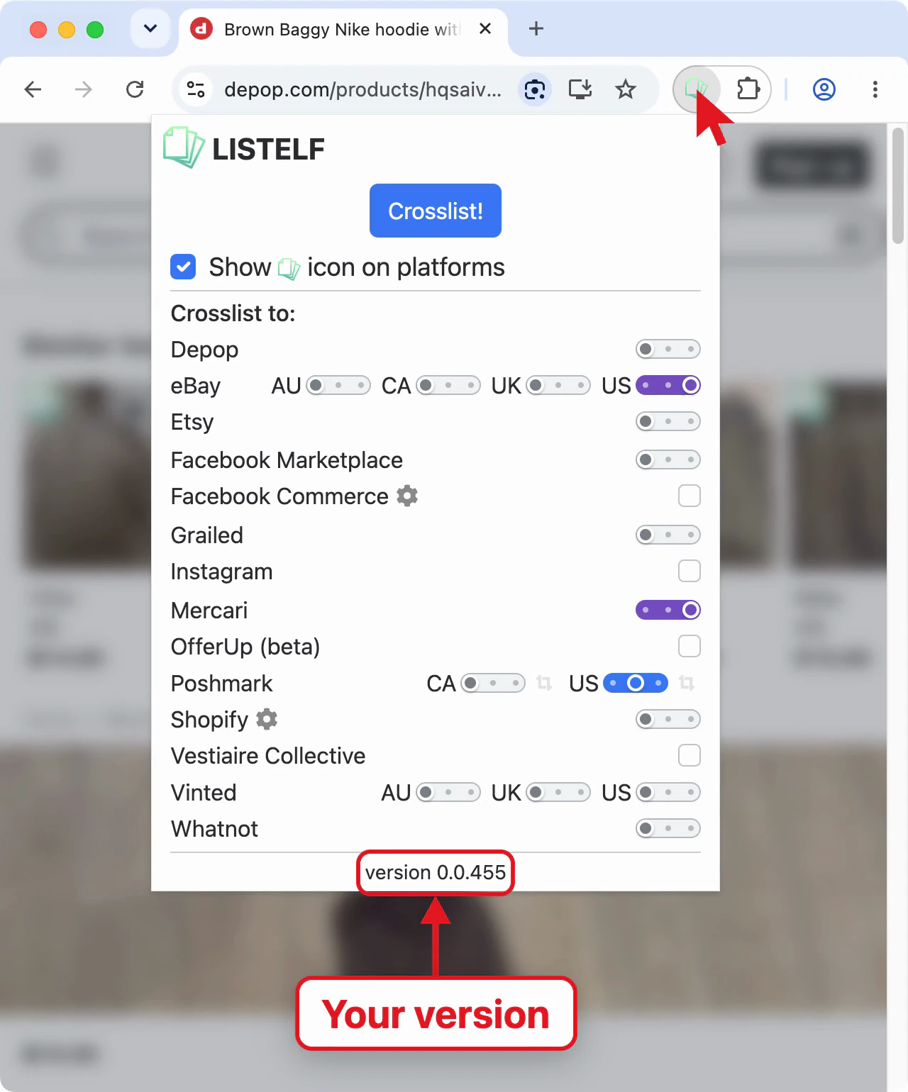 Listelf's popup, with its version at the bottom